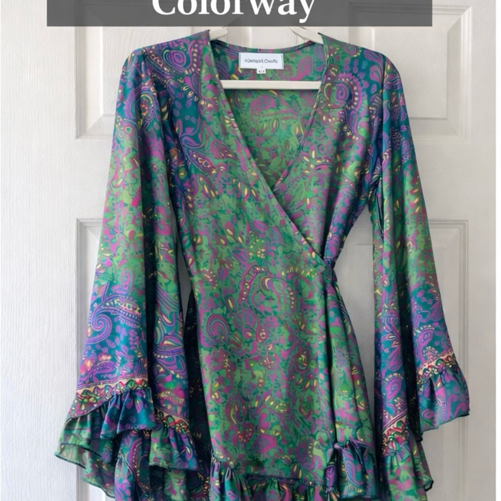 Karma N Crafts 100% Silk Paisley Wrap Dress S/M Green Pink Purple Rare Boho